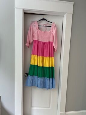 crown & ivy Pink Smocked Rainbow Tiered Dress